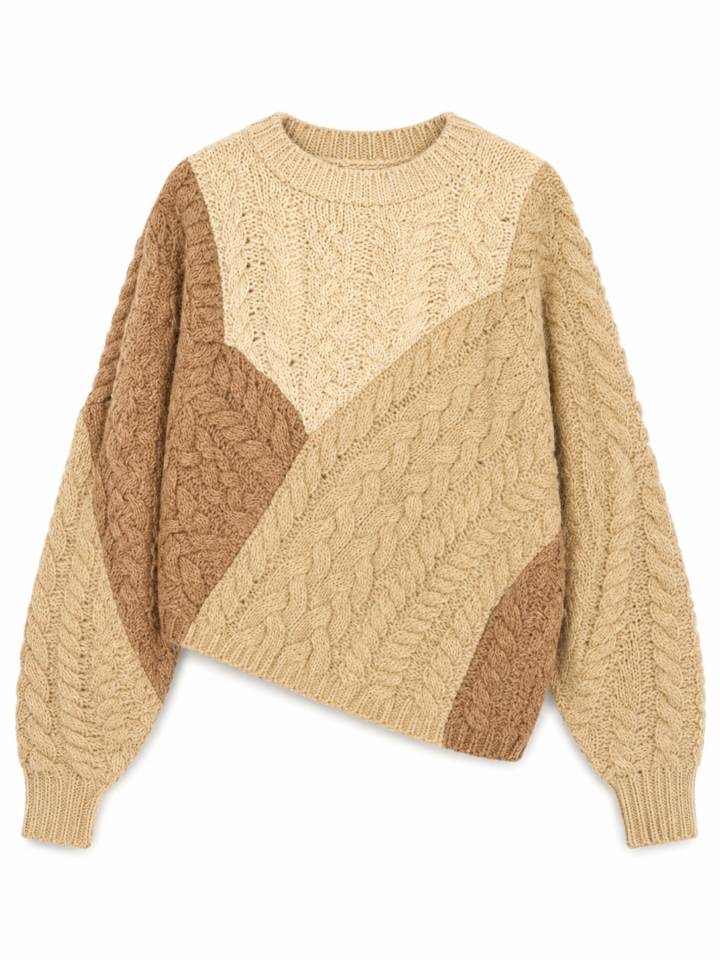 Tan and Beige Colorblock Chunky Knit Sweater