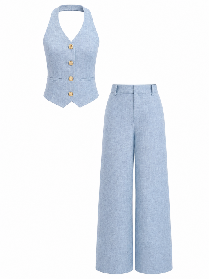 Light Blue Halter Vest and Wide-Leg Trouser Two-Piece Set