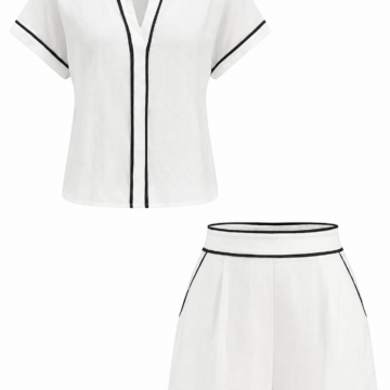 White Short-Sleeve Top and High-Waisted Shorts Set with Black Piping
