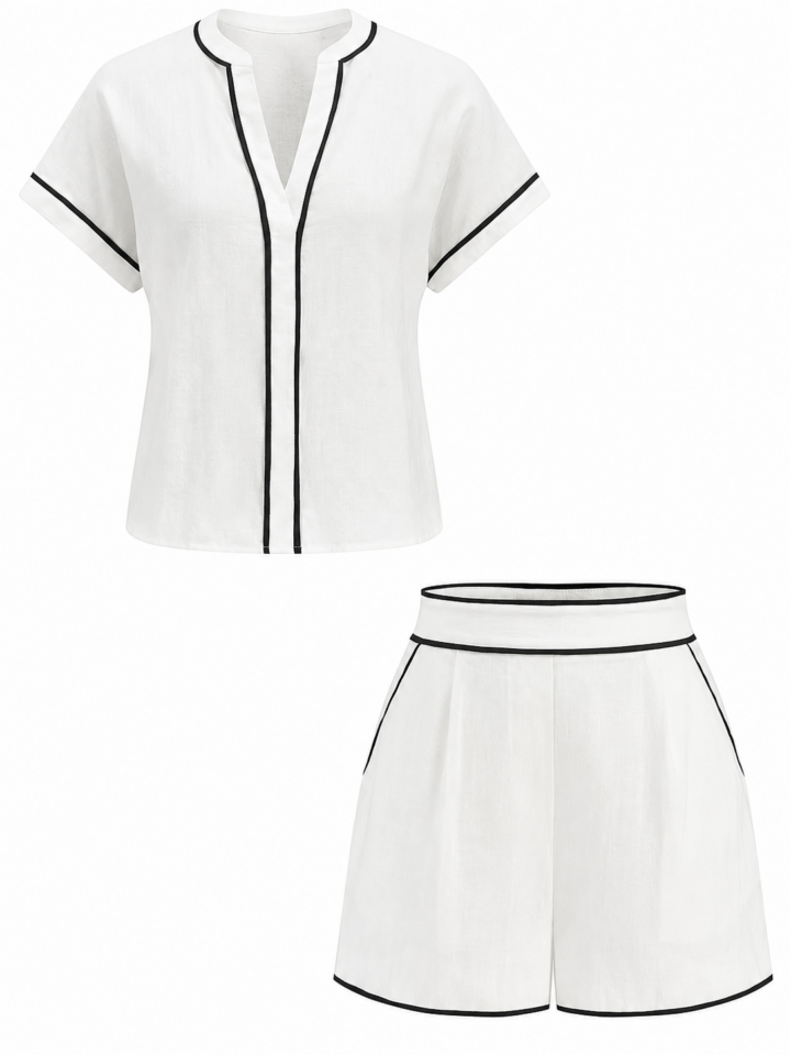 White Short-Sleeve Top and High-Waisted Shorts Set with Black Piping
