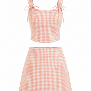 Pink and White Gingham Crop Top and Mini Skirt Two-Piece Set