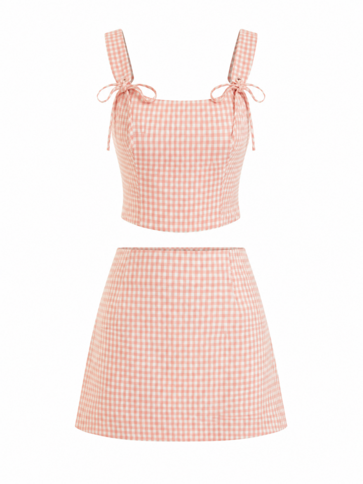 Pink and White Gingham Crop Top and Mini Skirt Two-Piece Set