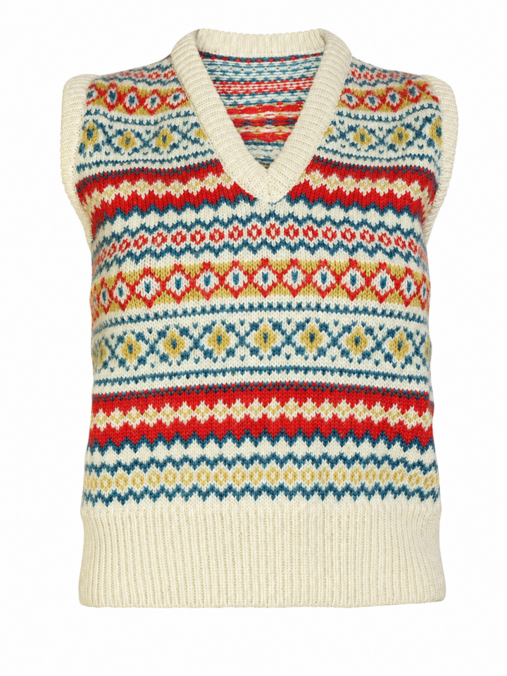 Cream Fair Isle Knit Sweater Vest with Multicolor Pattern