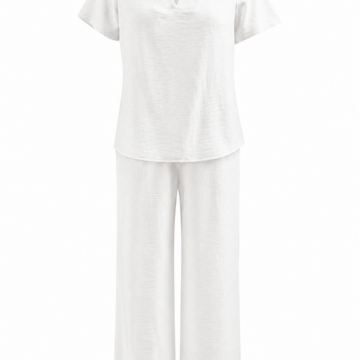 White V-Neck Cutout Shoulder Top and Wide-Leg Pants Two-Piece Set