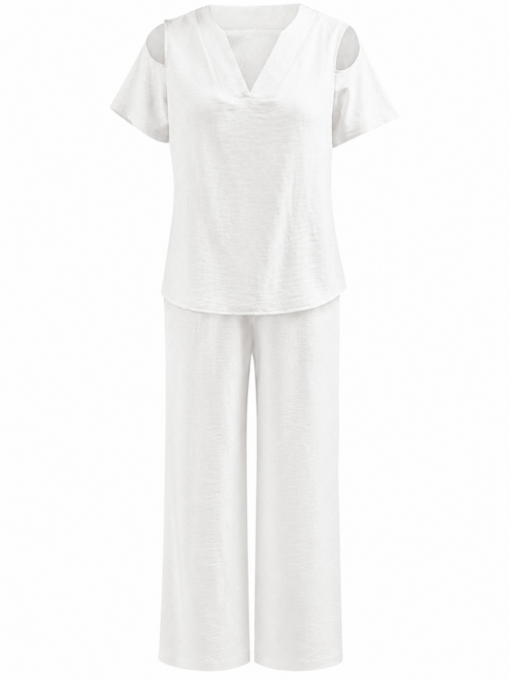 White V-Neck Cutout Shoulder Top and Wide-Leg Pants Two-Piece Set