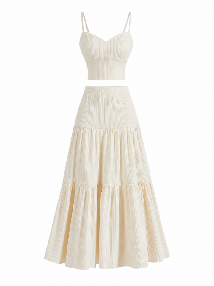 Cream Ribbed Cropped Camisole Top and Tiered Maxi Skirt Two-Piece Set