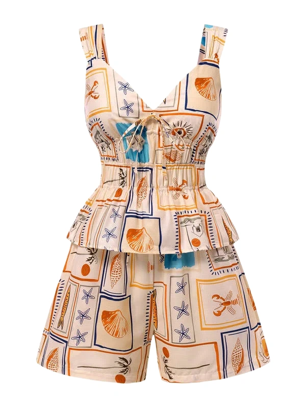 Cream Maritime Print Two-Piece Set with Peplum Top and Wide-Leg Shorts