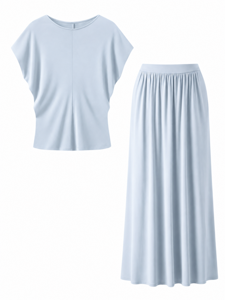 Light Blue Relaxed Top and Elastic Waist Maxi Skirt Two-Piece Set