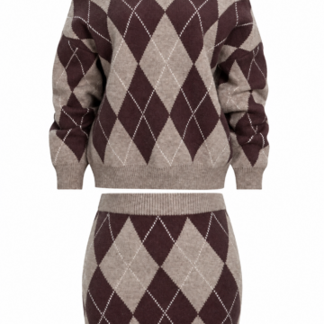Taupe and Brown Argyle Off-Shoulder Sweater and Mini Skirt Knit Set