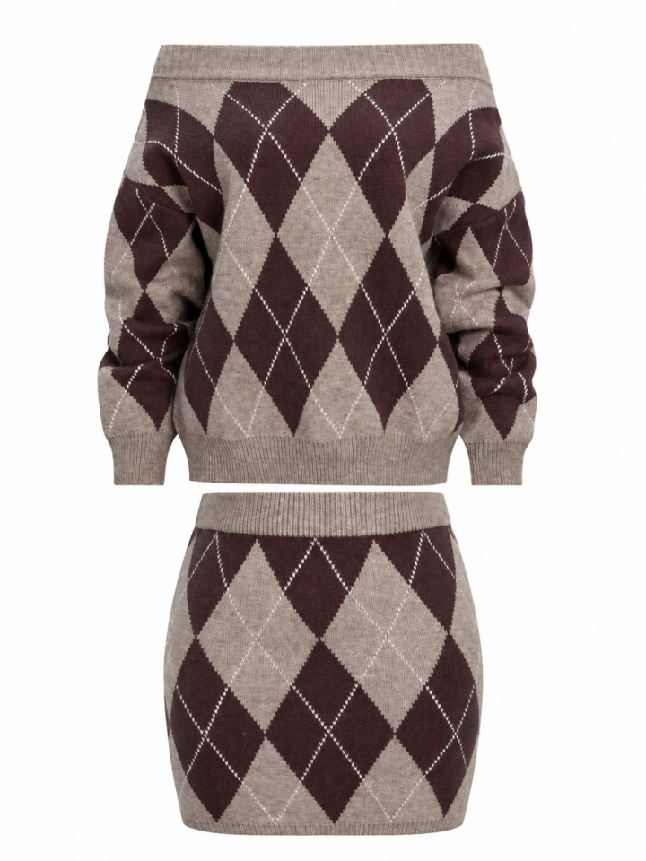 Taupe and Brown Argyle Off-Shoulder Sweater and Mini Skirt Knit Set