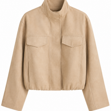 Beige Cropped Blouson Jacket with Stand Collar