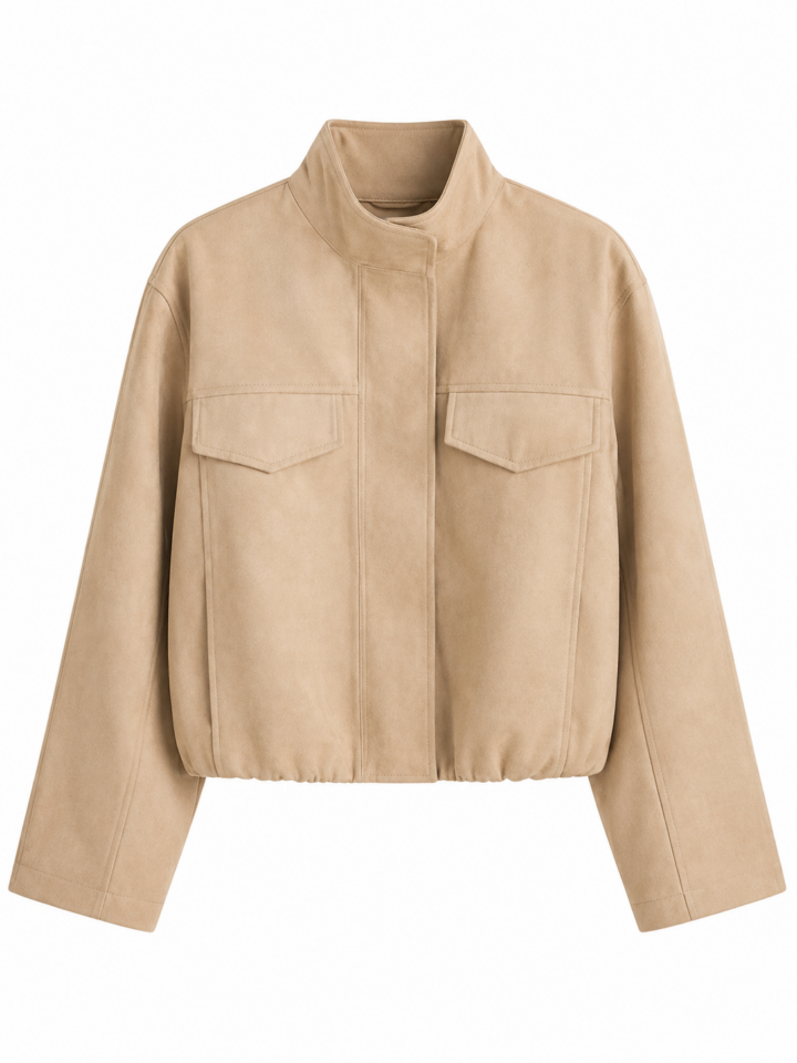 Beige Cropped Blouson Jacket with Stand Collar