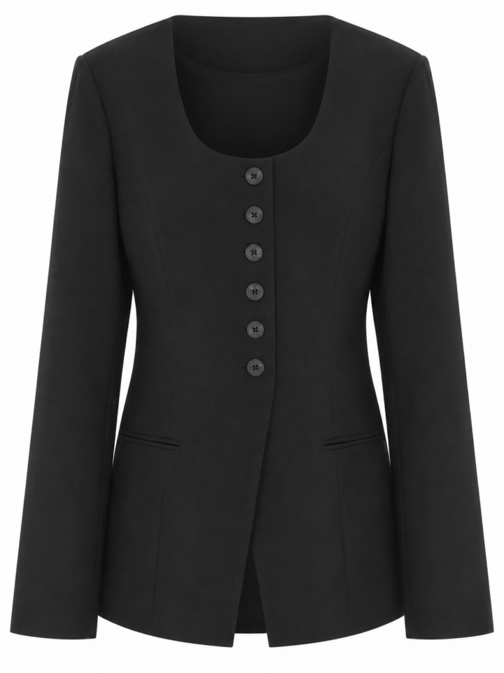 Black Tailored Blazer with Scoop Neckline and Five-Button Front