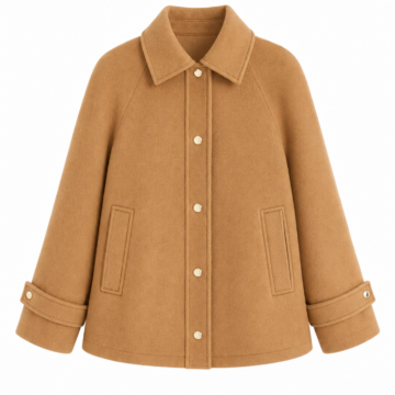 Camel Relaxed A-Line Jacket with Pointed Collar and Button Cuffs
