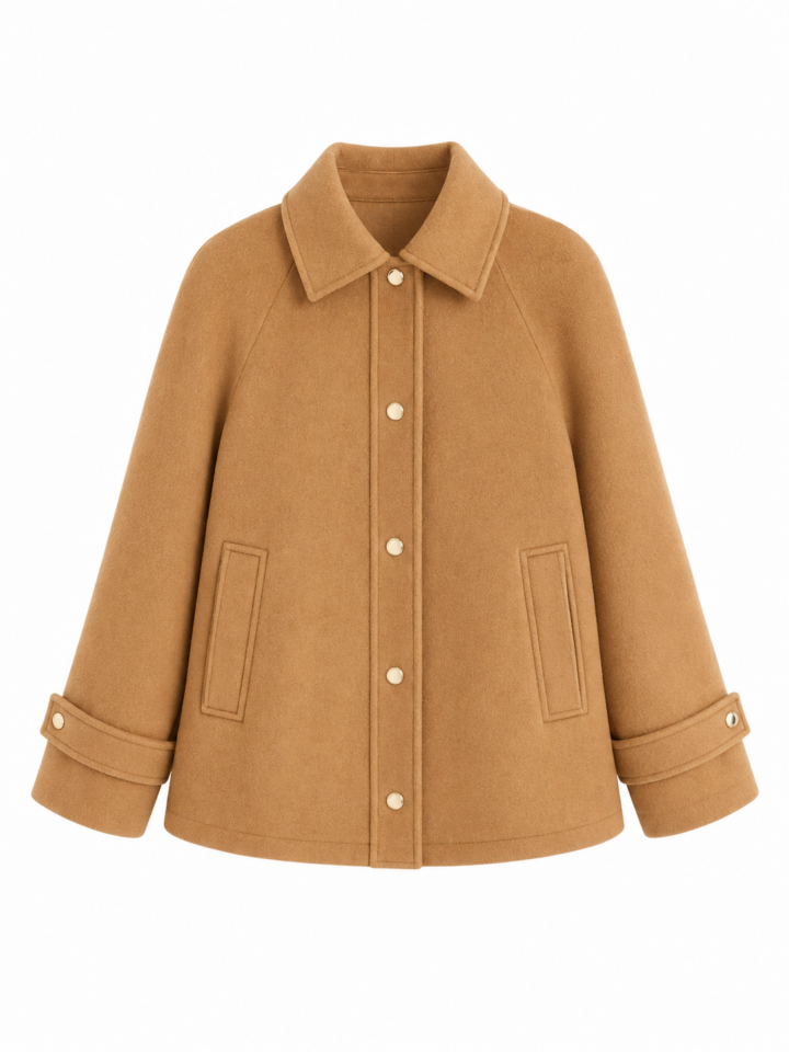 Camel Relaxed A-Line Jacket with Pointed Collar and Button Cuffs