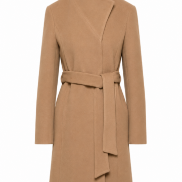 Camel Wrap Coat with Funnel Neck and Belt