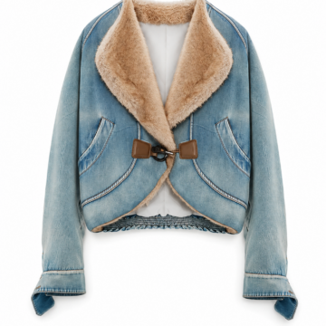 Light-Wash Denim Jacket with Faux Fur Collar and Cropped Curved Hem