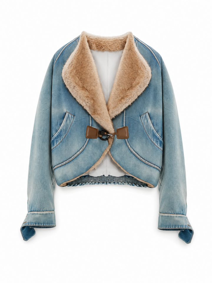 Light-Wash Denim Jacket with Faux Fur Collar and Cropped Curved Hem