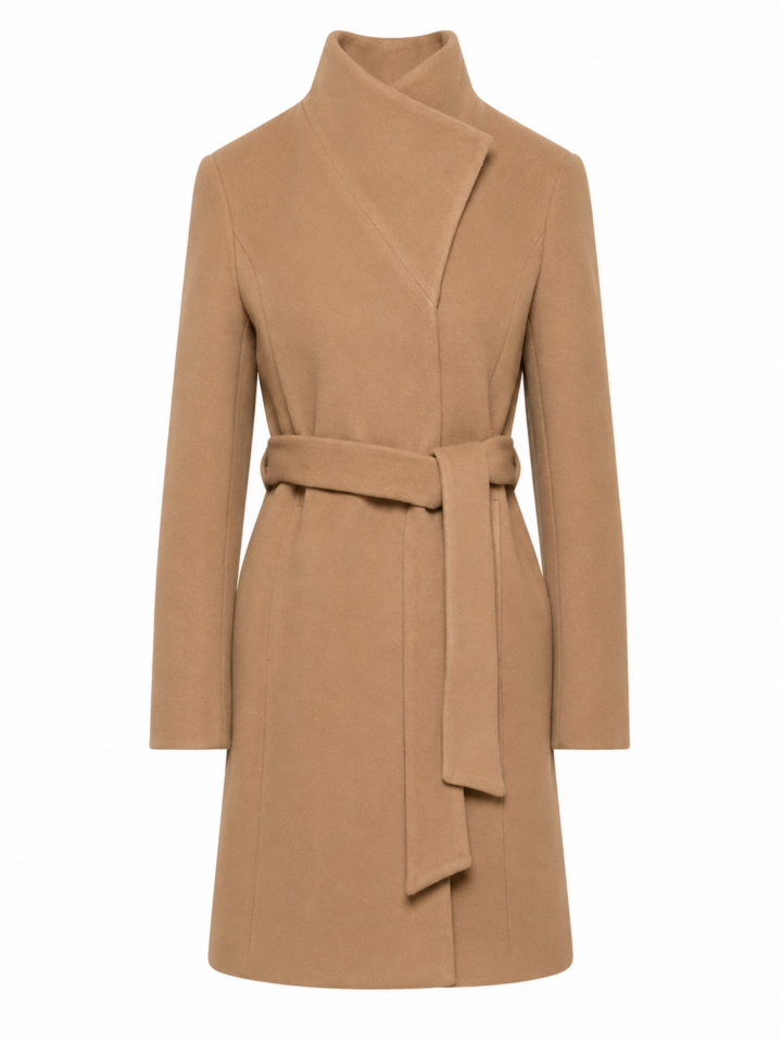 Camel Wrap Coat with Funnel Neck and Belt