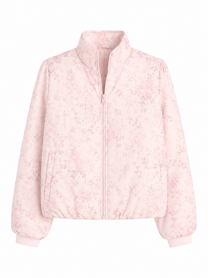 Light Pink Pastel Floral Zip-Up Jacket with Mock Neck