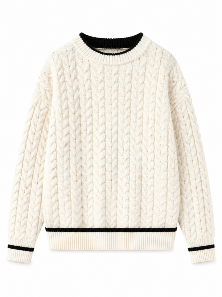 Cream Cable Knit Sweater with Black Trim