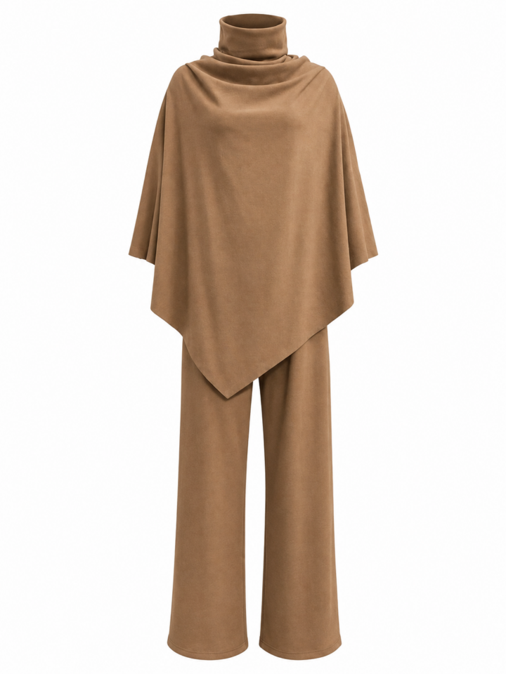 Camel Brown Relaxed Cowl-Neck Top and Wide-Leg Pants Two-Piece Set