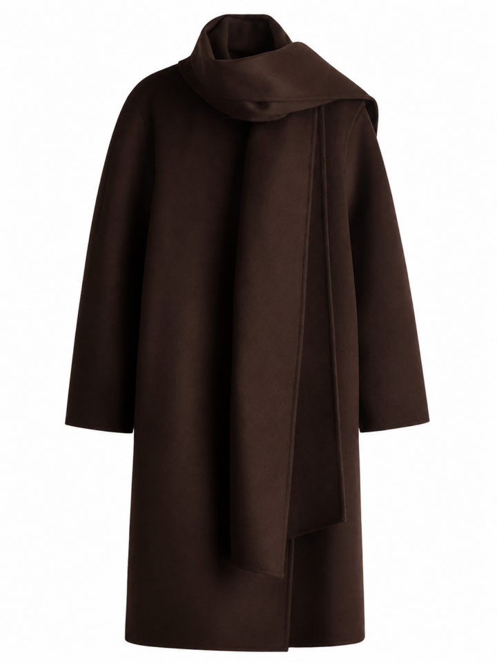 Dark Brown Longline Drapey Coat with Cowl Neck