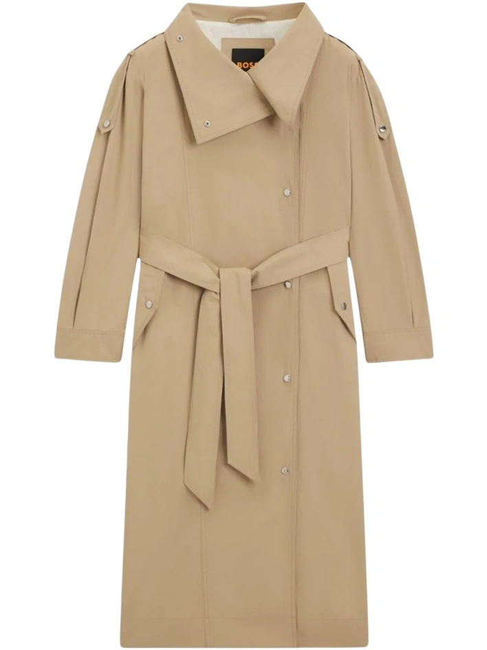Beige Relaxed Longline Trench Coat with Self-Tie Belt