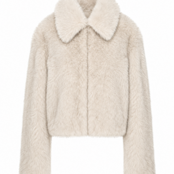 Ivory Faux Fur Cropped Jacket with Rounded Collar