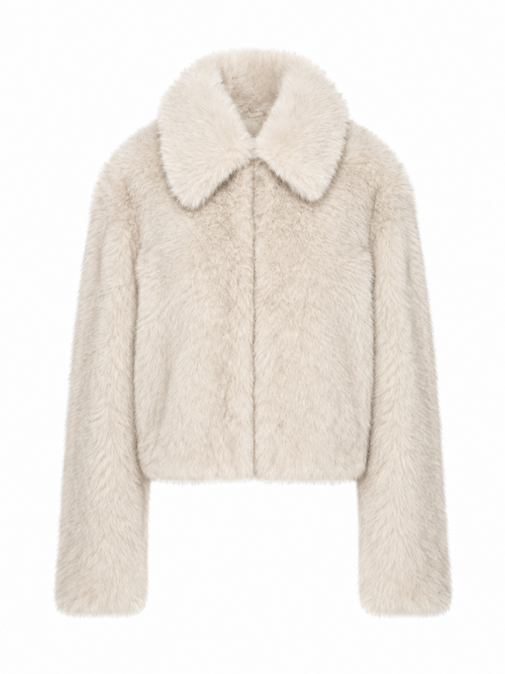 Ivory Faux Fur Cropped Jacket with Rounded Collar