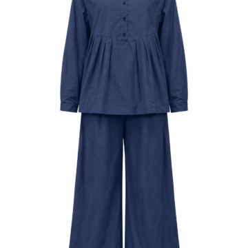 Navy Long-Sleeve Band Collar Top and Wide-Leg Trouser Set