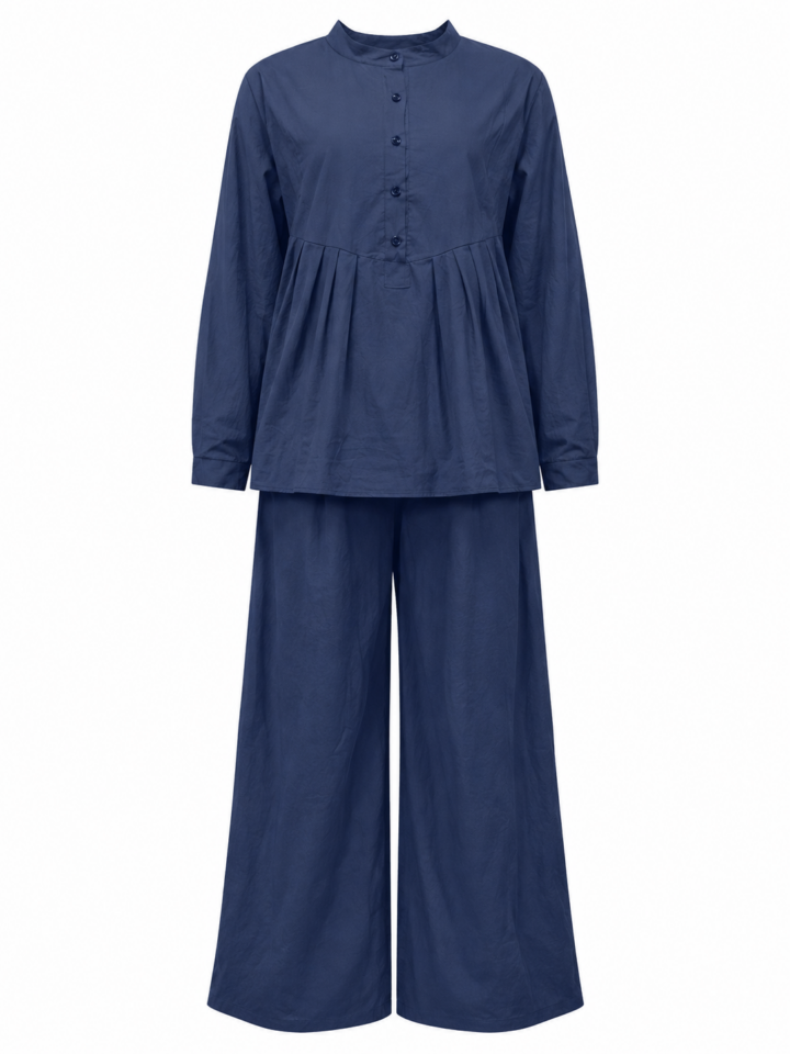 Navy Long-Sleeve Band Collar Top and Wide-Leg Trouser Set