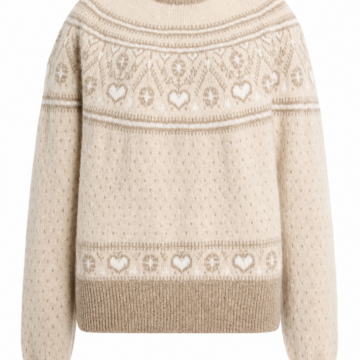 Cream Fair Isle Mock Neck Sweater with Heart and Snowflake Motif