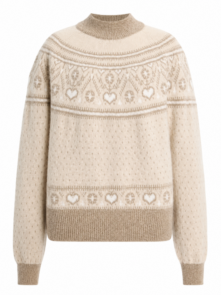 Cream Fair Isle Mock Neck Sweater with Heart and Snowflake Motif