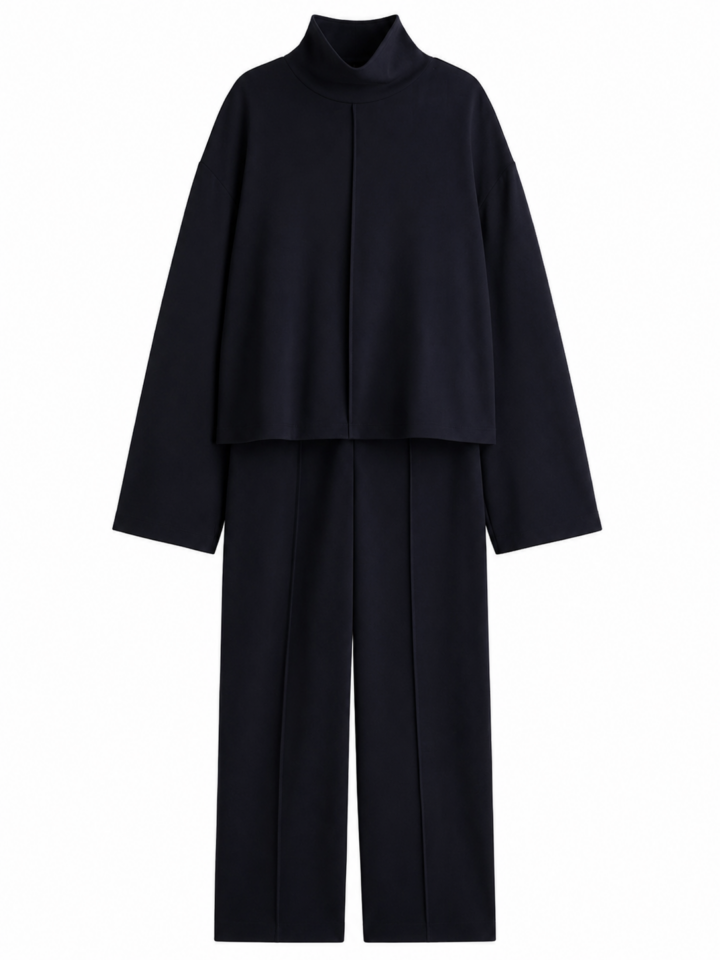 Black Boxy Top and Straight-Leg Pants Two-Piece Set