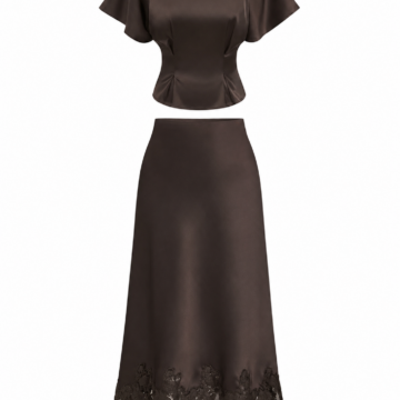 Dark Brown Flutter Sleeve Top and Midi Skirt Set with Lace Trim