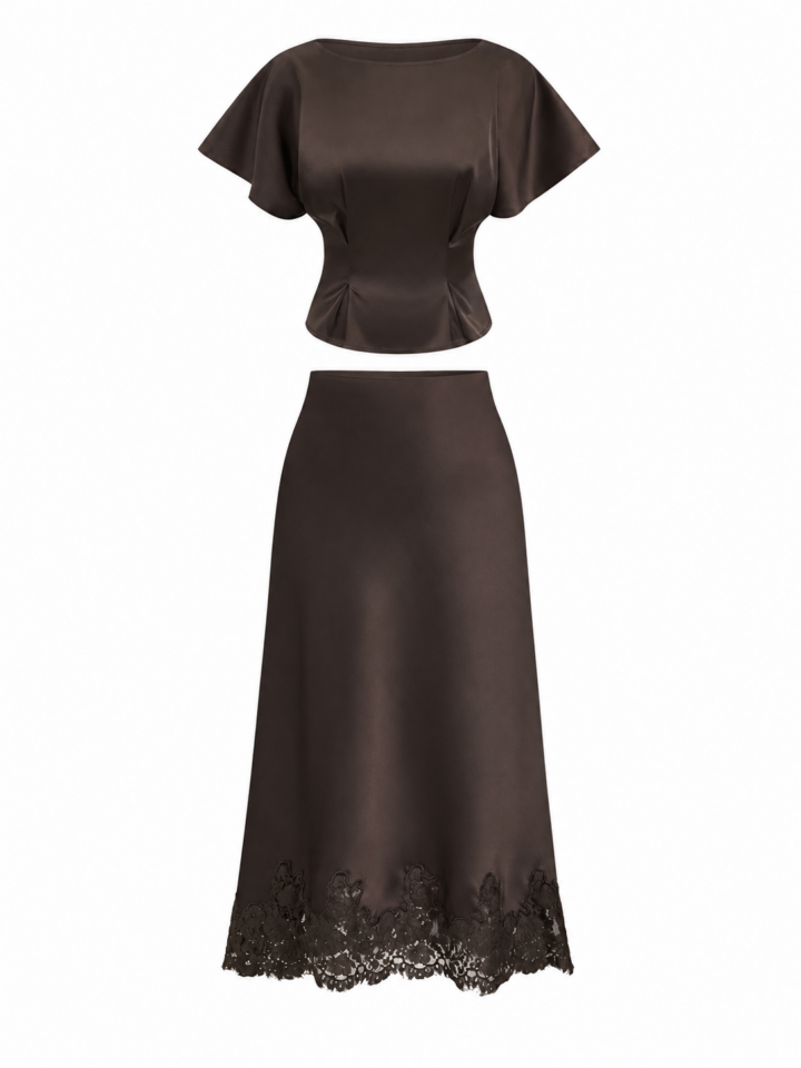 Dark Brown Flutter Sleeve Top and Midi Skirt Set with Lace Trim