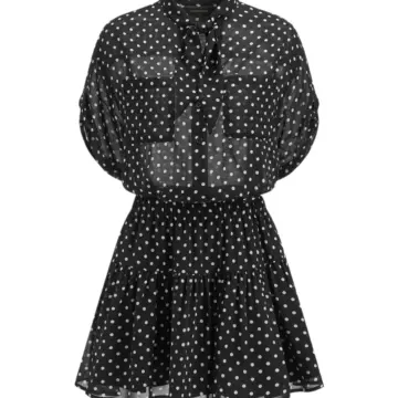 Black Polka Dot Sheer Mini Dress with Tie Neck and Balloon Sleeves