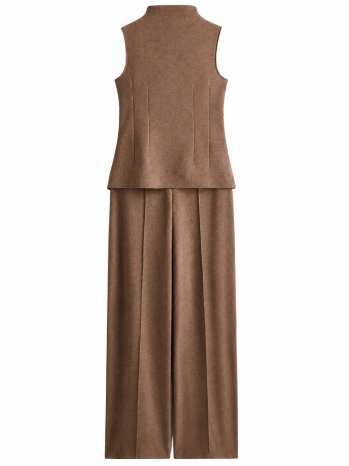 Brown Sleeveless Mock Neck Top and Wide-Leg Trouser Set