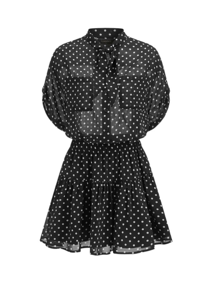 Black Polka Dot Sheer Mini Dress with Tie Neck and Balloon Sleeves