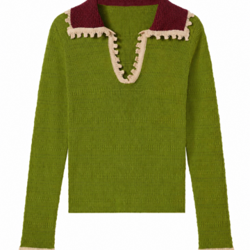 Olive Green Ribbed Knit Pullover with Burgundy Collar and Cream Lace Trim