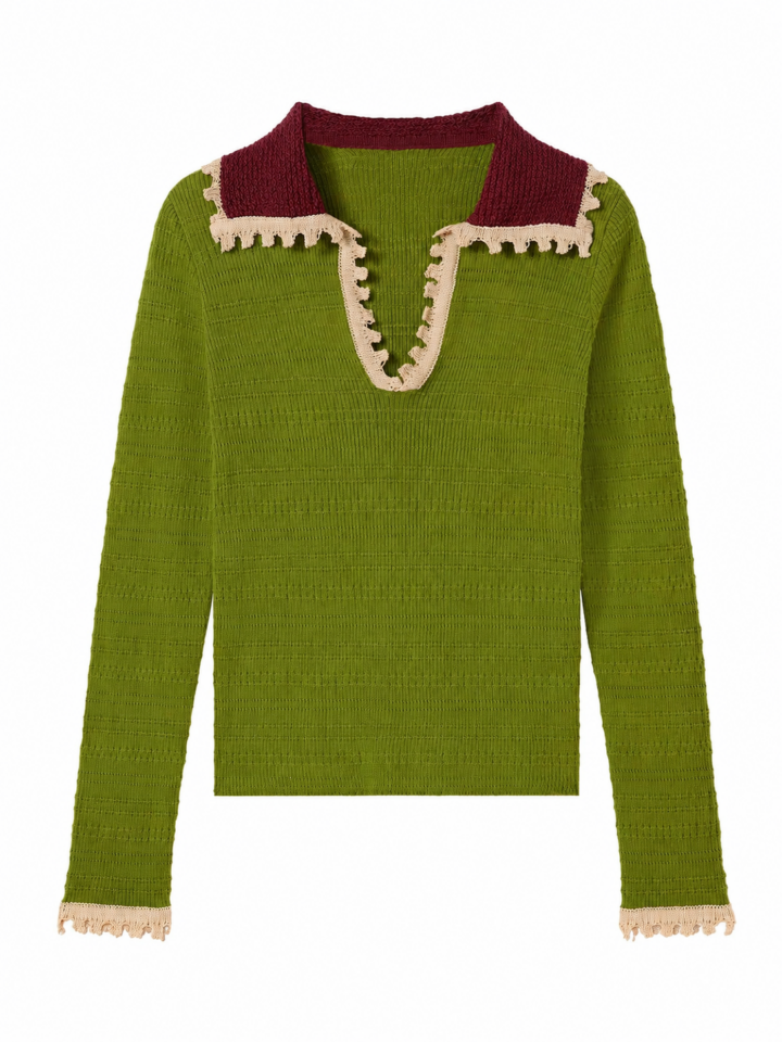 Olive Green Ribbed Knit Pullover with Burgundy Collar and Cream Lace Trim