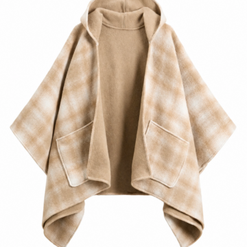 Beige Check Open-Front Cape Coat