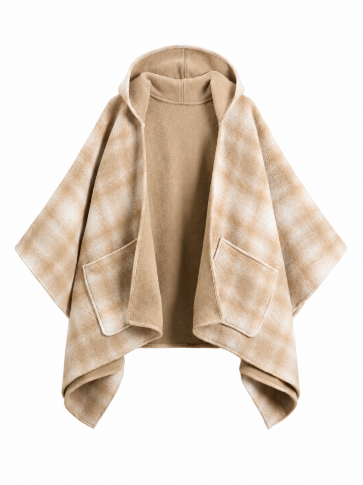 Beige Check Open-Front Cape Coat