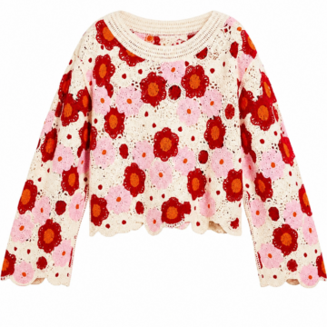 Cream Crochet Sweater with Red and Pink Floral Pattern and Bell Sleeves
