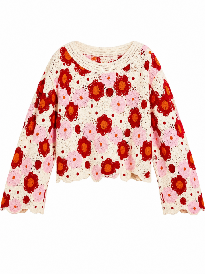 Cream Crochet Sweater with Red and Pink Floral Pattern and Bell Sleeves