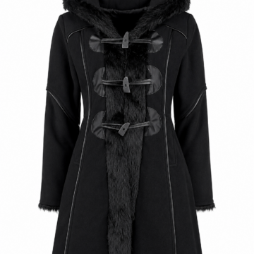 Black Hooded Faux Fur Trim Coat with Toggle Closures and Flared Hem