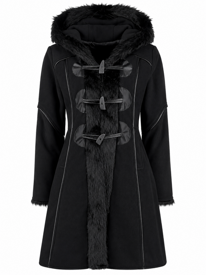 Black Hooded Faux Fur Trim Coat with Toggle Closures and Flared Hem
