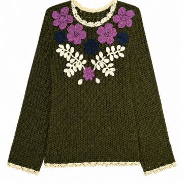 Olive Green Crocheted Floral Scallop Trim Oversized Top