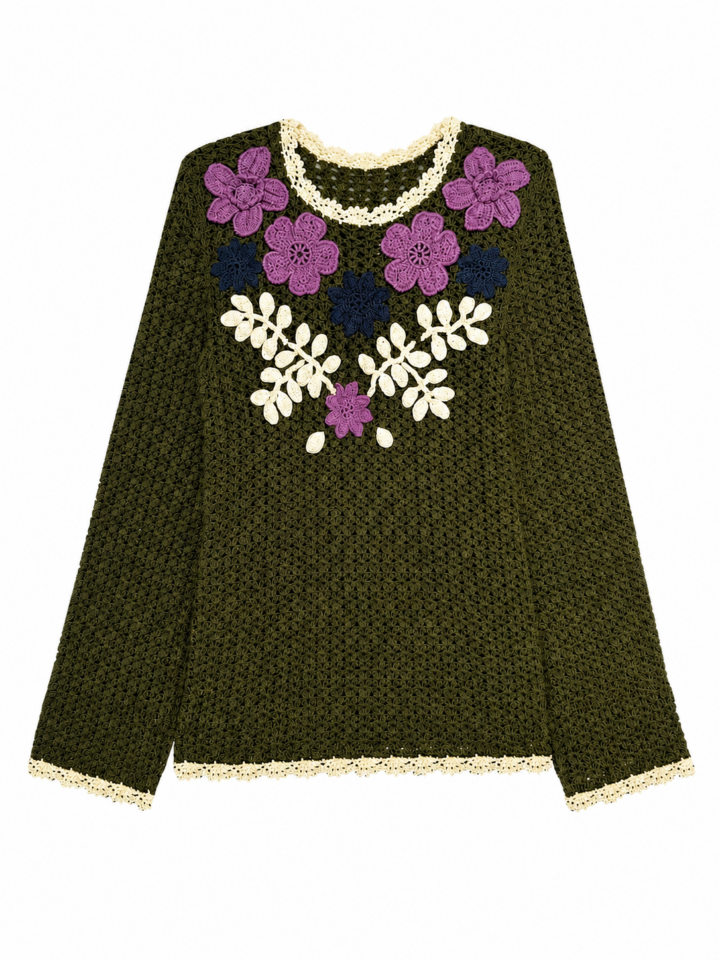 Olive Green Crocheted Floral Scallop Trim Oversized Top